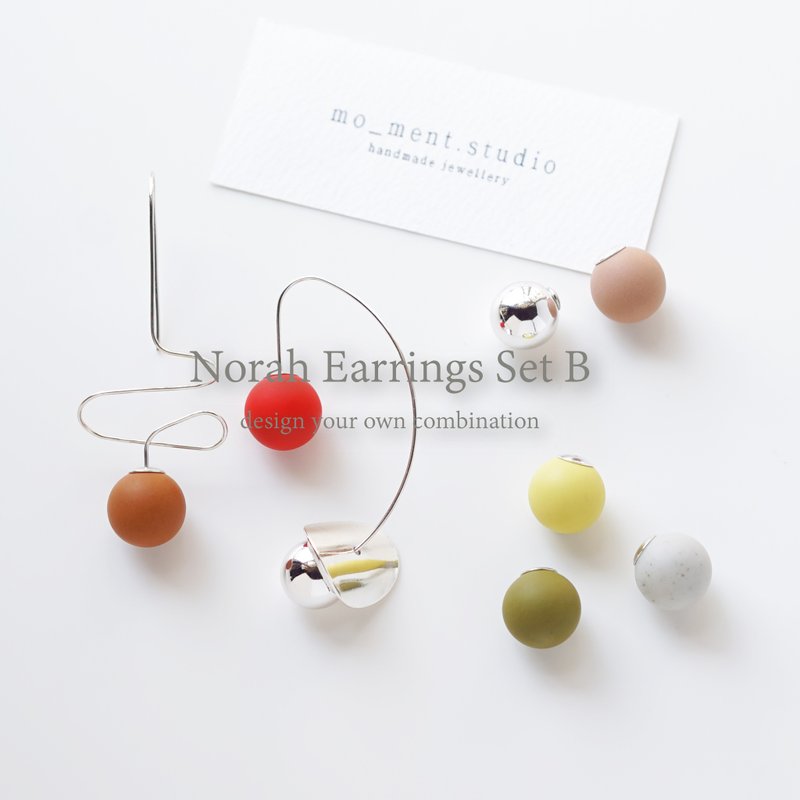 Norah Earrings Set B 原創設計 手工軟陶 幾何線條 純銀耳環套裝 - 耳環/耳夾/耳骨夾 - 陶 紅色