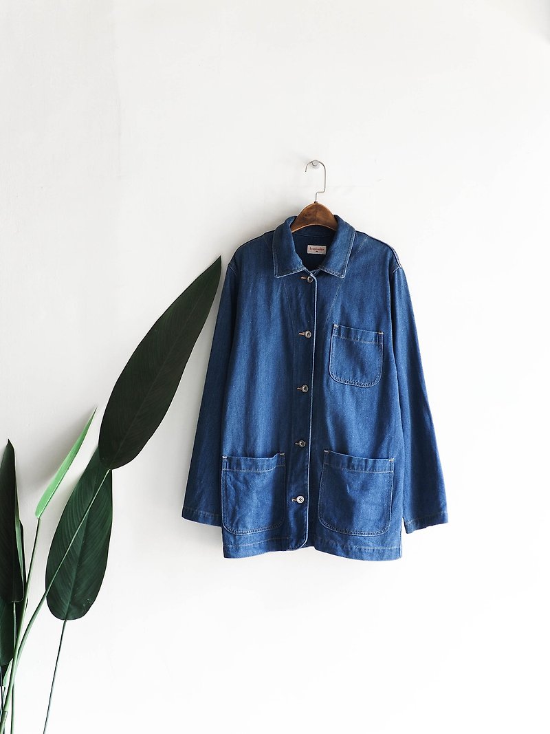 徳岛天蓝工作版 Youth log antique cotton denim shirt jacket coat vintage - Women's Casual & Functional Jackets - Cotton & Hemp Blue