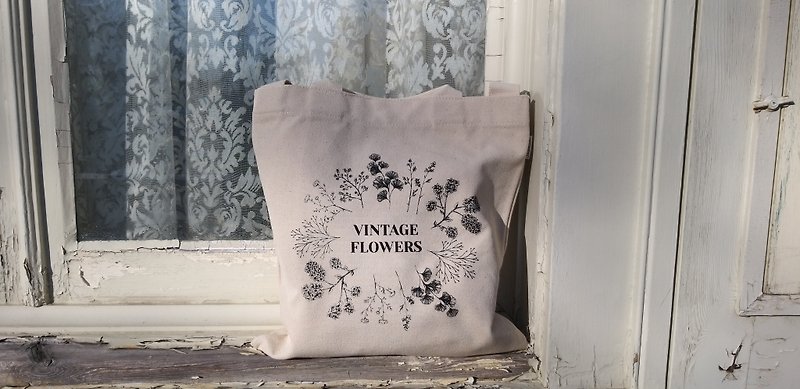 2-Way Tote Bag (Hand or Shoulder Carry) Simple & Beautiful Vintage Flower - กระเป๋าแมสเซนเจอร์ - ผ้าฝ้าย/ผ้าลินิน สีกากี