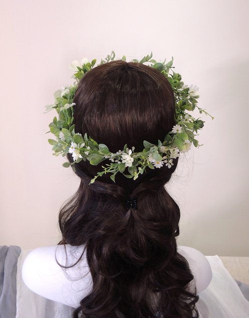 造花】リーフグラスと白いデイジーのナチュラルスタイル造花花冠