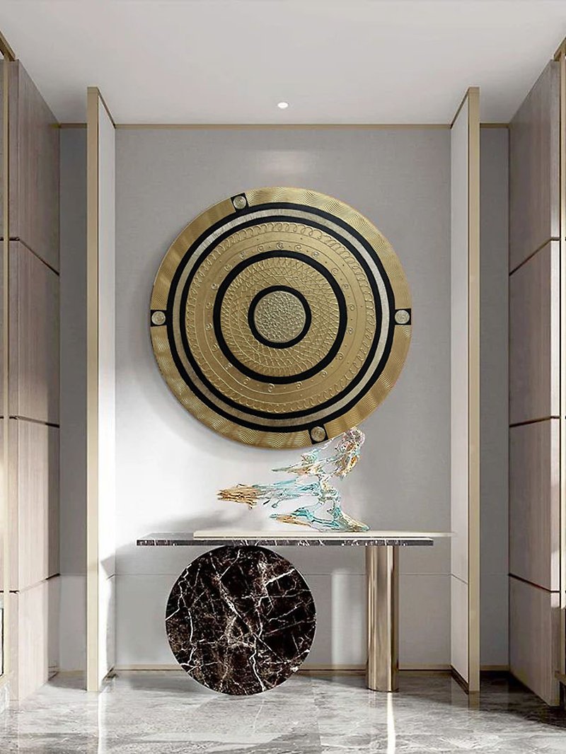 Large Round Wall Decor Gold Circle Textured Painting on Canvas with Gold Leaf - 牆貼/牆身裝飾 - 棉．麻 金色