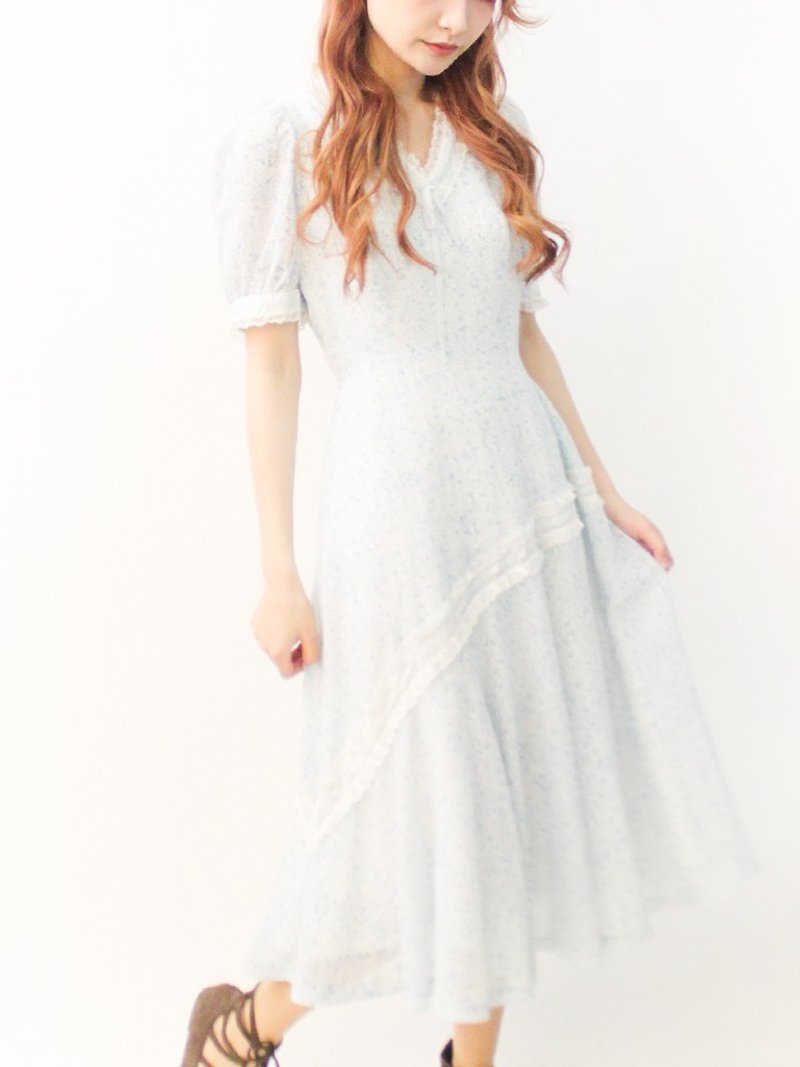 日本製復古甜美蘿莉塔碎花白色短袖古著洋裝 Japanese Vintage Dress - 連身裙 - 聚酯纖維 白色