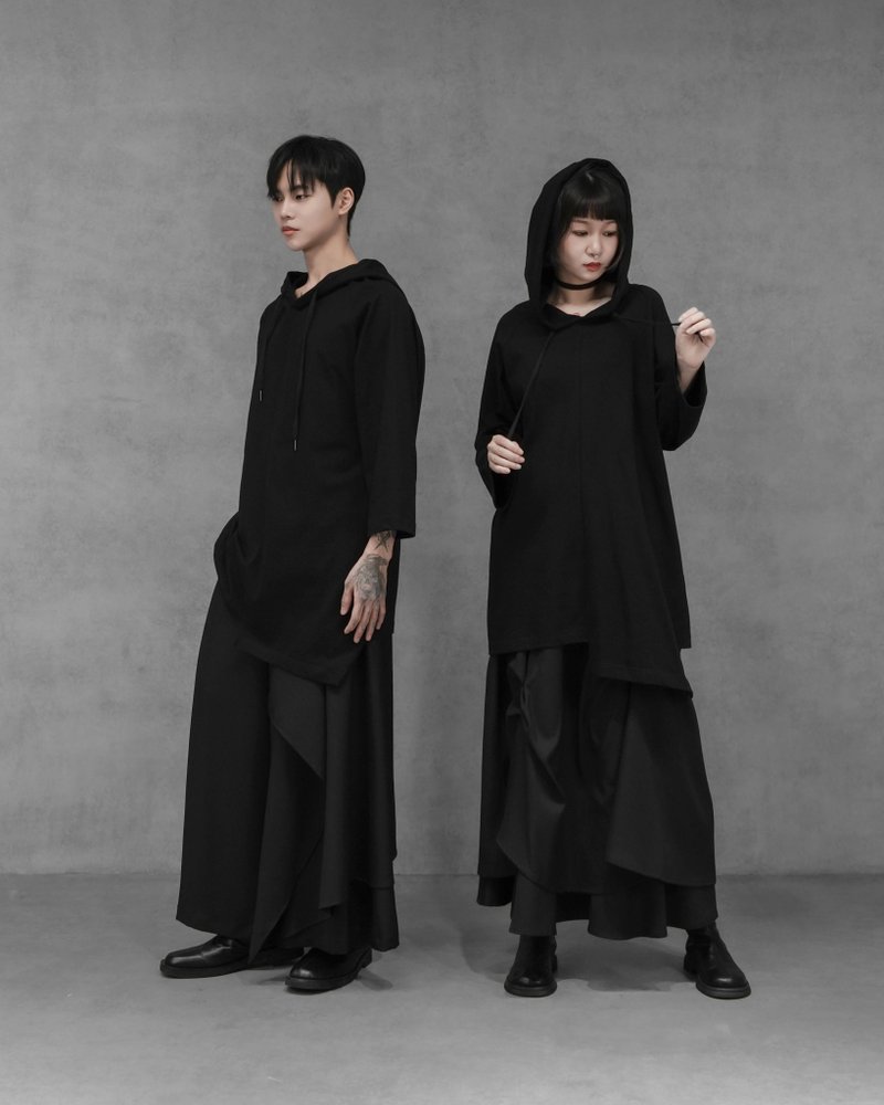 MUKK DESIGN 拉克蘭袖不規則連帽上衣 - 帽T/大學T - 聚酯纖維 黑色