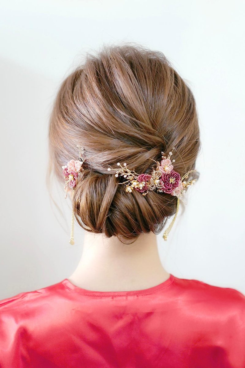 中式新娘頭飾,日本珠花頭飾,新娘頭飾(一套2件),bridal headpiece - 髮飾 - 水晶 紅色