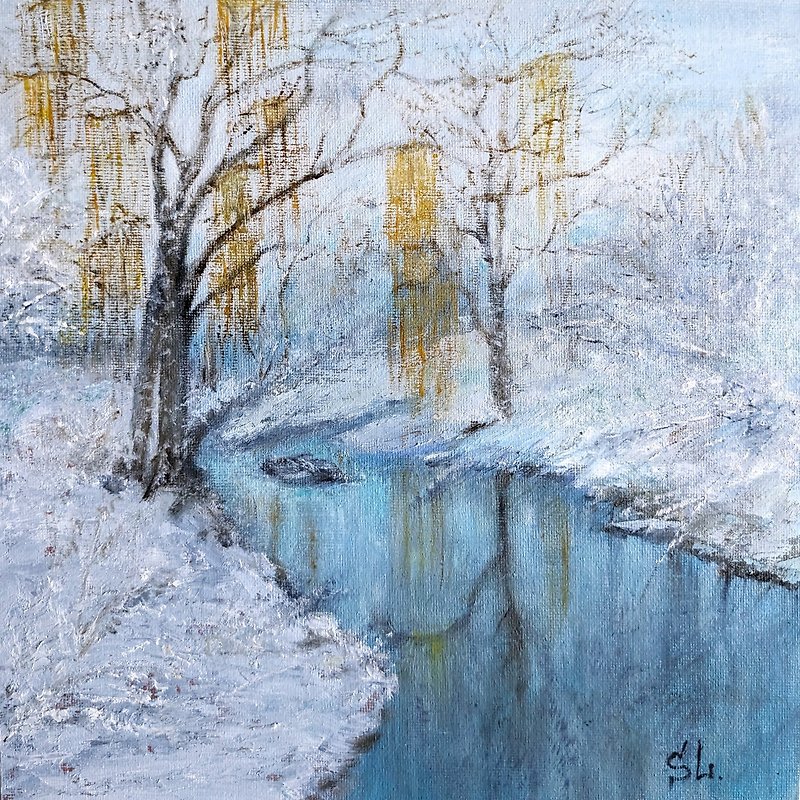 Winter Landscape Handmade Oil Painting Wall Art Birch Tree Dawn River Reflection - Posters - Other Materials Blue