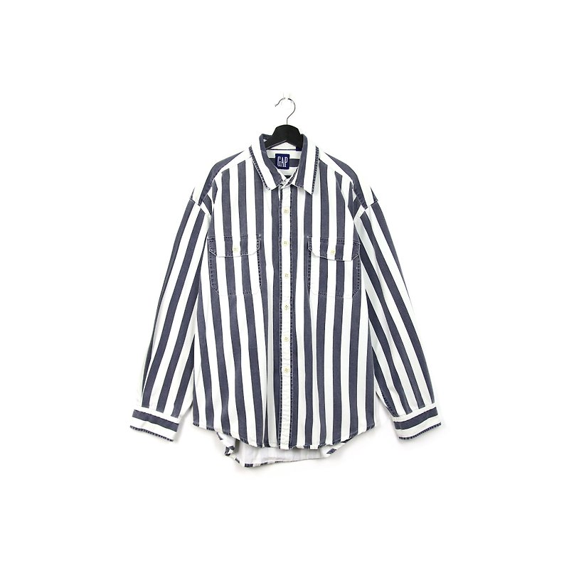 Back to Green:: striped denim shirt dark gray black and white / / vintage shirt - เสื้อเชิ้ตผู้ชาย - ผ้าฝ้าย/ผ้าลินิน 