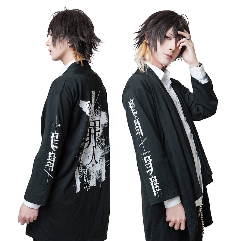 Street punk oriental All saints & sinners kanji dip hem yukata blazer【JAG0071】 - Unisex Hoodies & T-Shirts - Cotton & Hemp Black