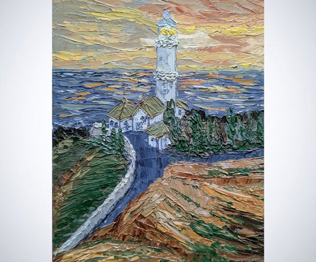 海岸の灯台、山の風景を描いたキャンバスの油絵 8x12インチ