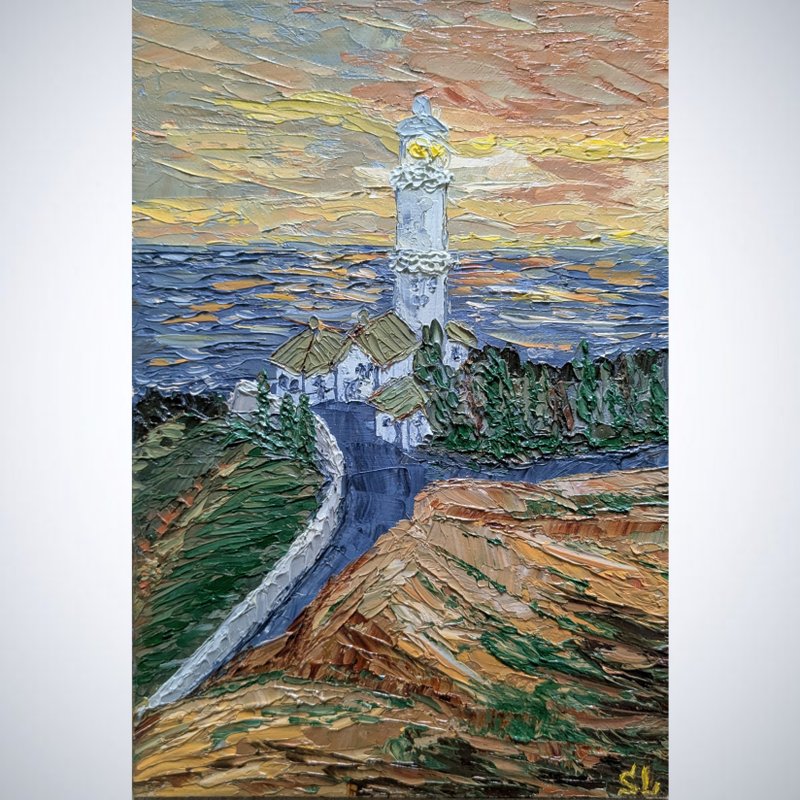 Lighthouse on the seashore, mountain landscape oil painting on canvas 8x12 inch - 海報/掛畫/掛布 - 其他材質 多色