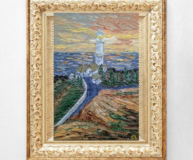 海岸の灯台、山の風景を描いたキャンバスの油絵 8x12インチ