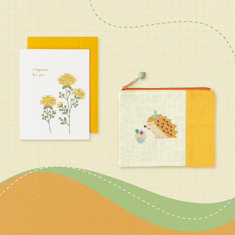 【刺繡挑戰包】新手村・幸福小刺蝟 | 卡片+收納袋 | Xiu Crafts
