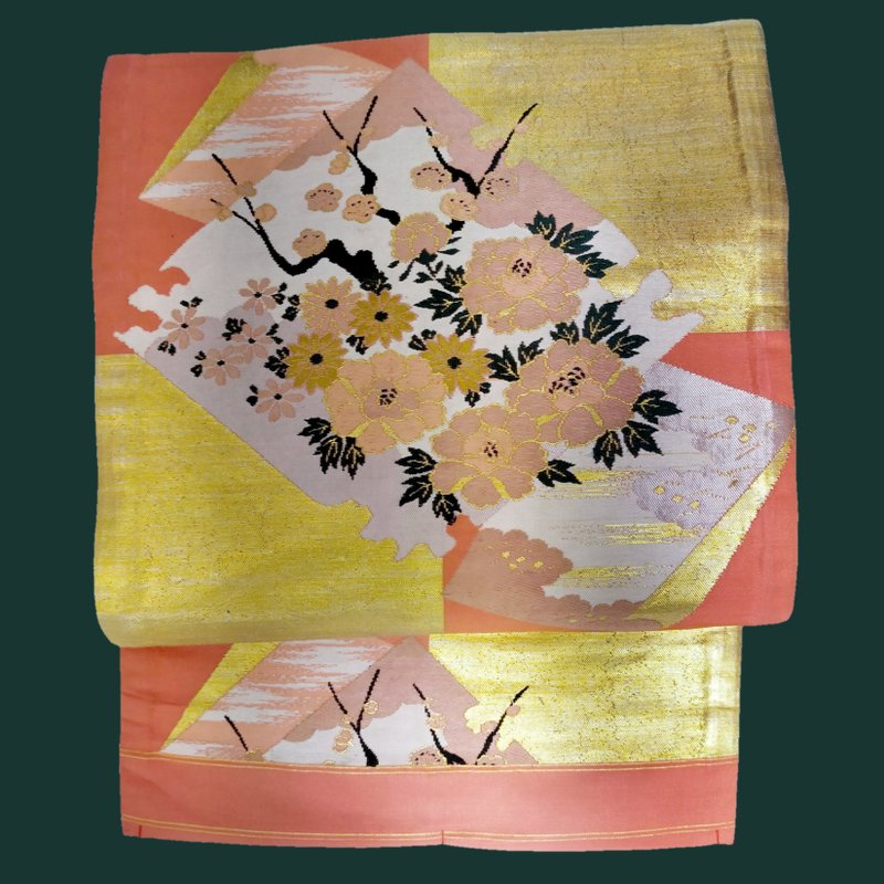 Antique Nagoya obi with plum and peony patterns - Other - Silk Orange