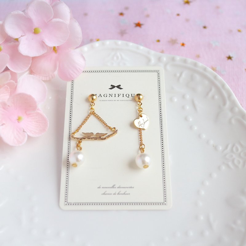 Asymmetrical Earrings Bird Heart Pearl Simple Dangle Earrings Valentine gift  - Earrings & Clip-ons - Precious Metals Gold