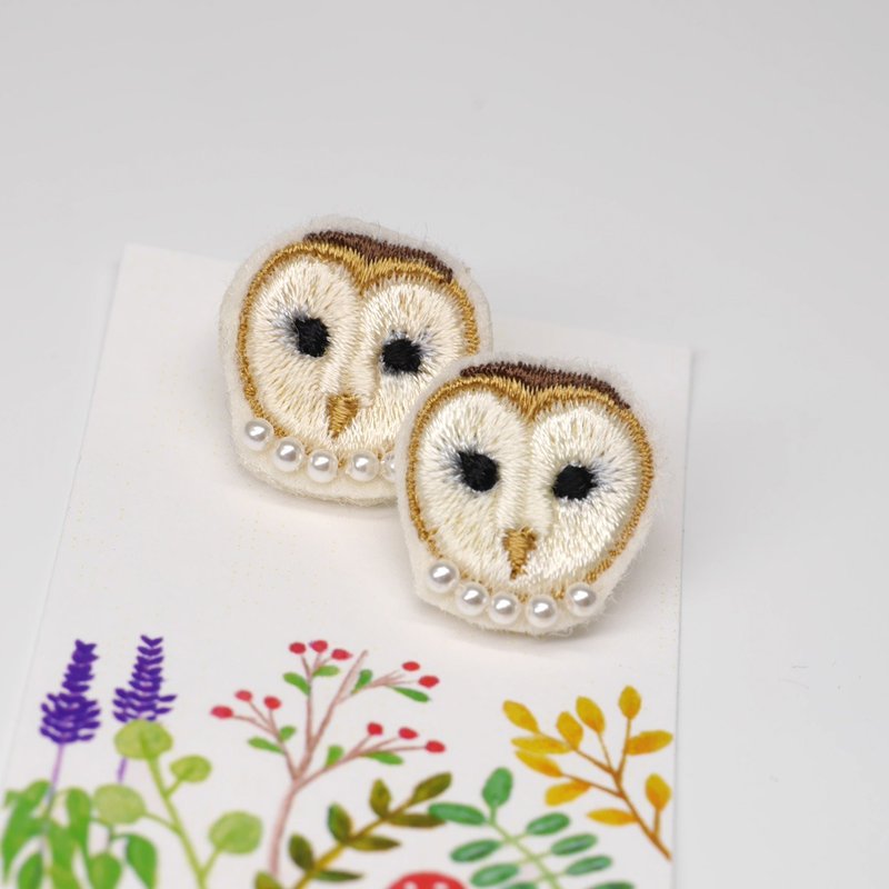 Lady Owl-Hand-embroidered owl earrings with painless ear clips or pure silver ear pins - Earrings & Clip-ons - Thread Khaki