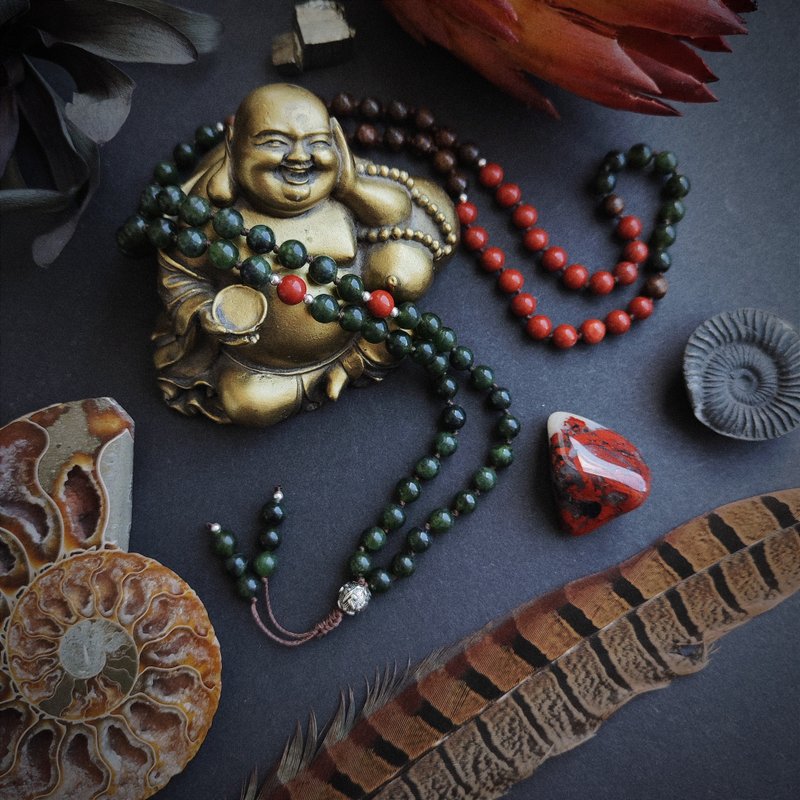 Japa Mala RINPOCHE - Traditional Buddhist 108 meditation beads - สร้อยคอยาว - เครื่องประดับพลอย สีเขียว