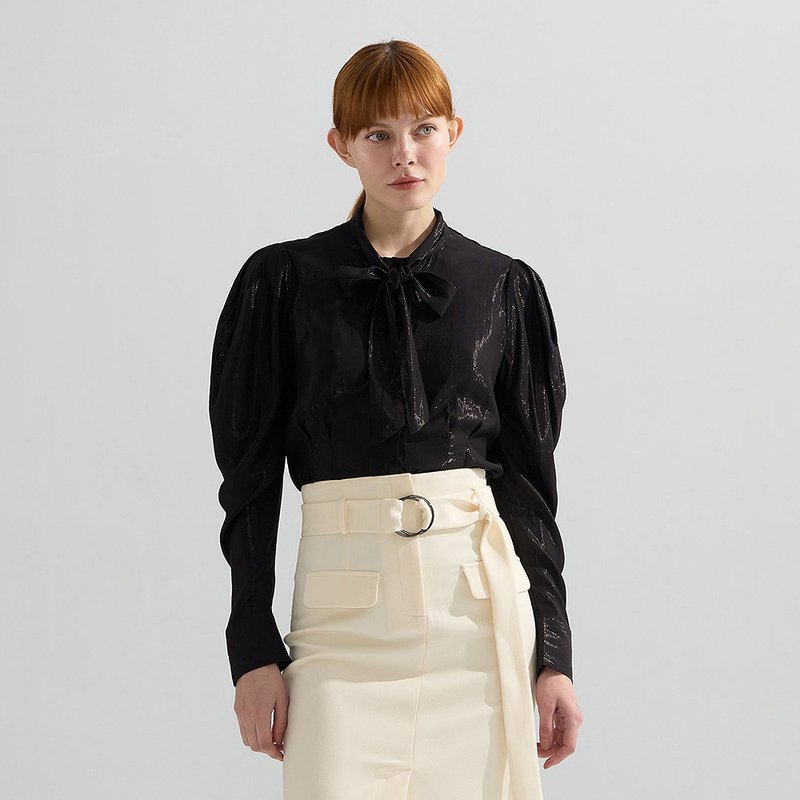 AVVJOY | レトロな光沢のある質感のシャツ、長袖、ゆったりとした黒の丸ネクタイ - トップス - その他の素材 ブラック
