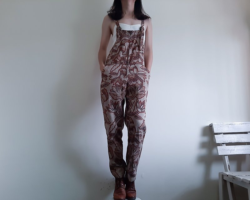 Vintage floral cotton overalls Unisex style TITICACA brown animal Tribal print - Overalls & Jumpsuits - Cotton & Hemp Brown