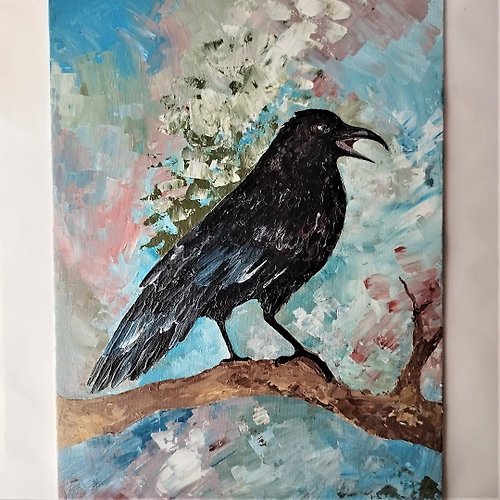 Artpainting 客廳 掛畫 Raven painting Bird painting wall decoration 壓克力畫 Hanging painting 禮物 Gift