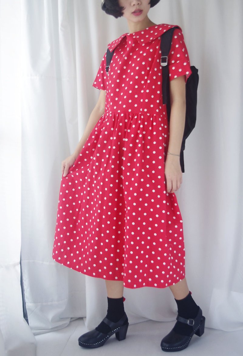 4.5studio- Nordic vintage - Hand on red vintage dress lapel big white spot - One Piece Dresses - Cotton & Hemp Red