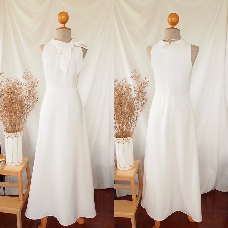 Belle Dress ชุดแต่งงานมินิมอล เดรสสีขาวยาว คอตลบโบว์ ชุดแต่งงานเรียบๆ เดรสสีขาว