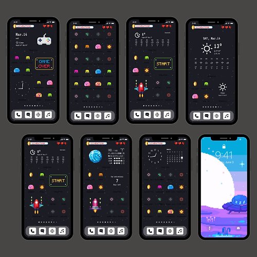 widgetclub | Home Screen Changer レトロスペースゲーム風ピクセルホーム画面きせかえセット | iPhone Android向けアプリアイコン、壁紙、ウィジェット