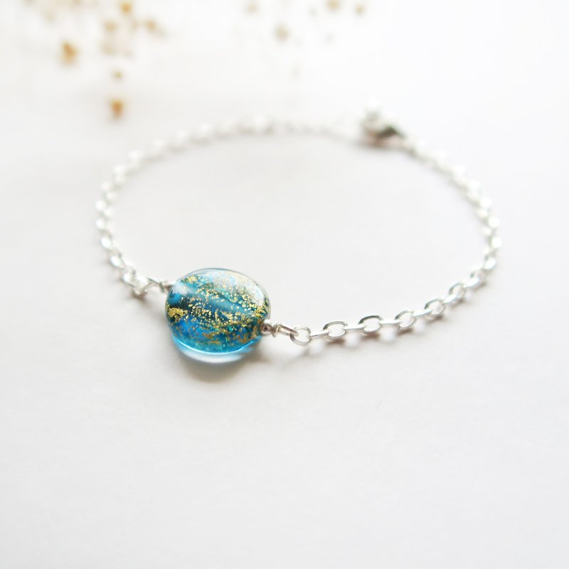 925 Silver quiet blue-green glass gold bracelet / Mother's Day / gift / Valentine's Day / friends - Bracelets - Other Metals Blue