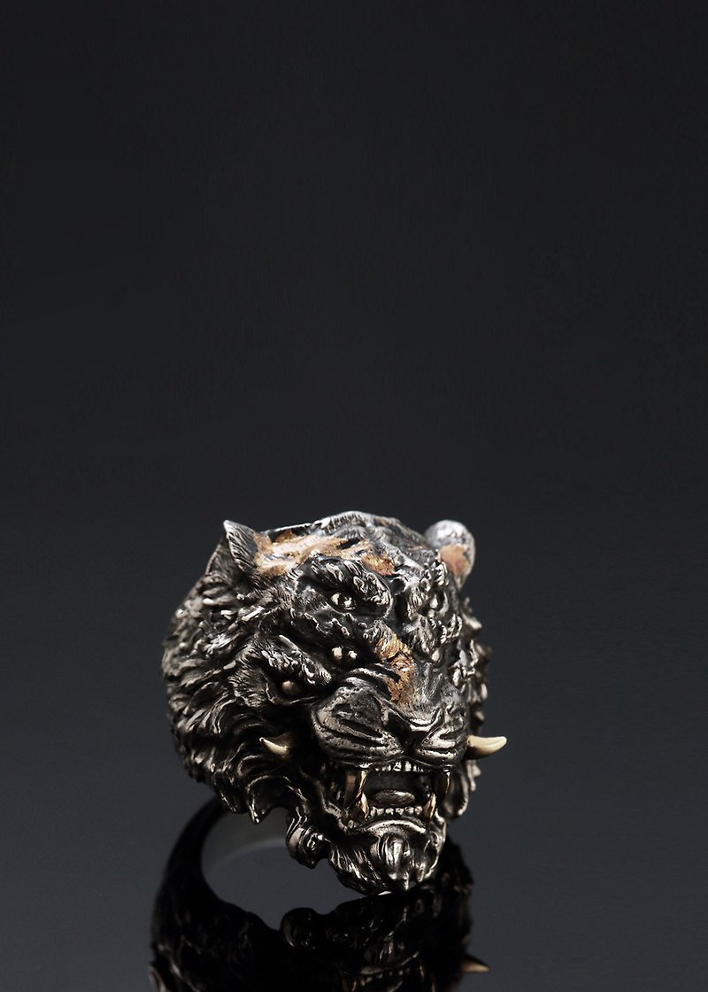 Chinese Zodica Tiger Gold Foil Tiger Pattern Six-Eyed Tiger Ring | Chinese Zodiac Series - Year of Renyin - General Rings - Sterling Silver Silver