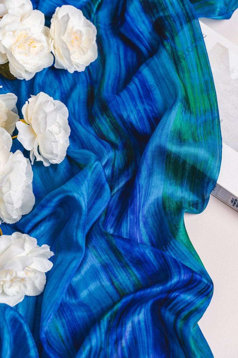 100% Mulberry Silk Scarf – Hand Dyed, Lightweight, Peacock Blue - 絲巾 - 絲．絹 藍色