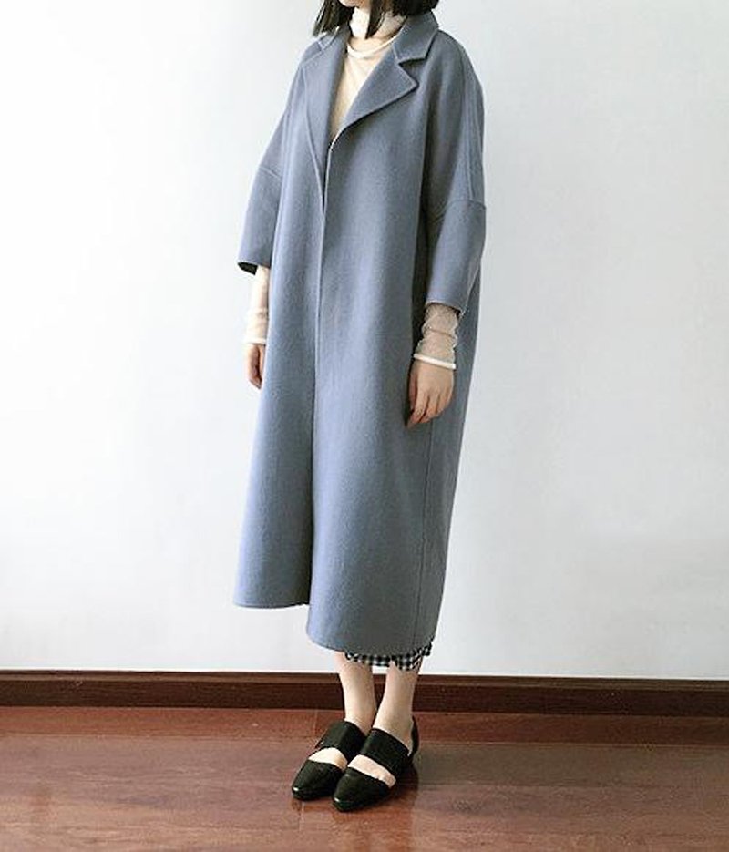 Piu Coat - Gray and blue hand-stitched double-sided cashmere wool coat (other colors can be customized) - เสื้อแจ็คเก็ต - ขนแกะ 