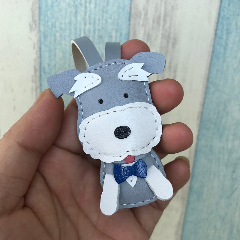 Healing small light gray cute Schnauzer hand-sewn leather charm small size - Charms - Genuine Leather Gray
