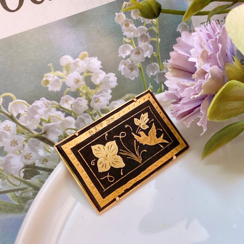 【西洋古董飾品】稀有西班牙大馬士革24K工藝 掐絲花鳥  胸針胸章 - 胸針 - 貴金屬 金色