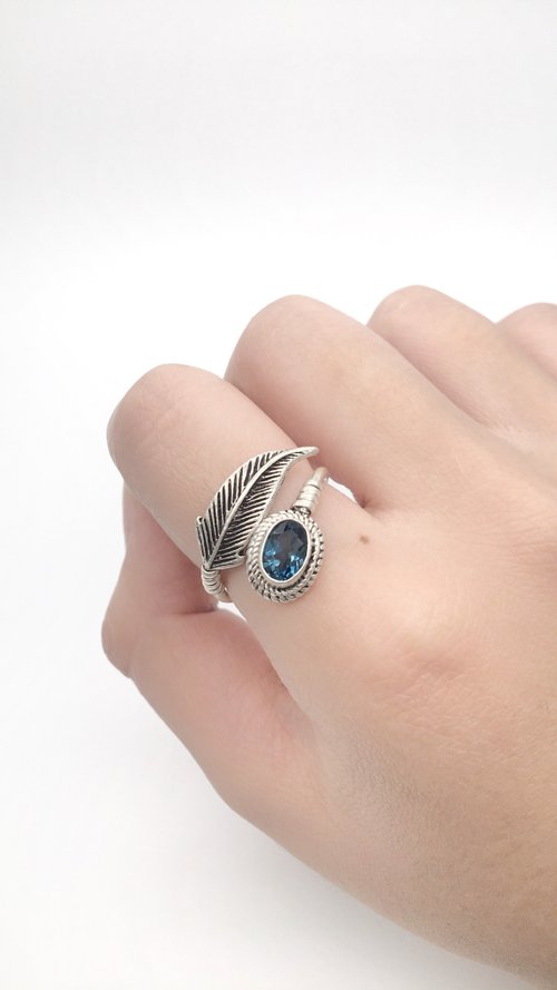 蓝托帕石925纯银羽毛设计戒指 尼泊尔手工银饰