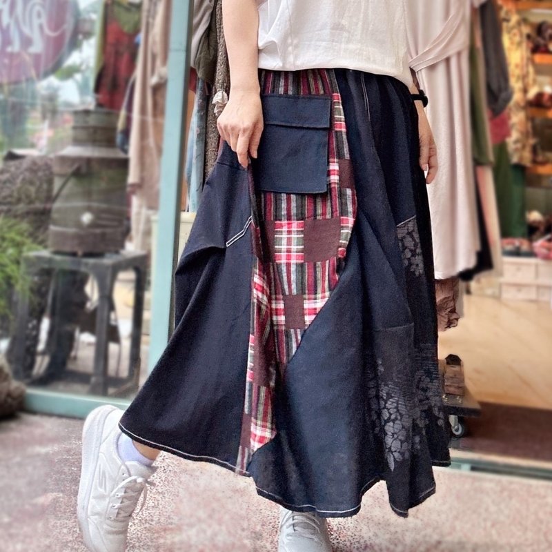 Black color grid - patchwork pleated long skirt #T6077 - กระโปรง - ผ้าฝ้าย/ผ้าลินิน สีดำ