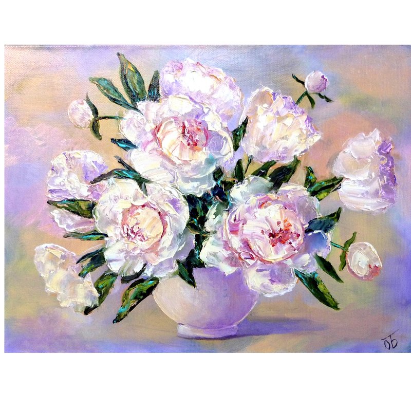 牡丹畫, peony oil painting - original art - floral painting - flowers wall art - 牆 - Posters - Cotton & Hemp White