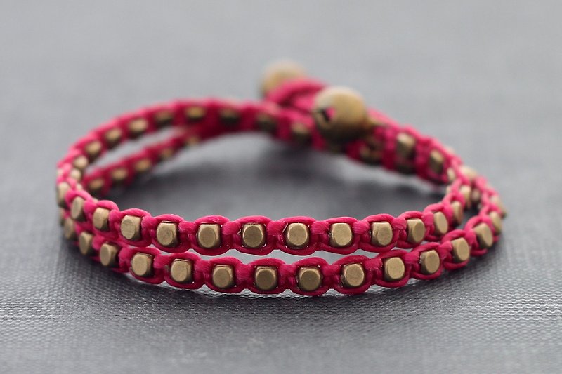 Shocking Pink Bead Wrap Bracelet Raw Brass Woven - Bracelets - Cotton & Hemp Pink