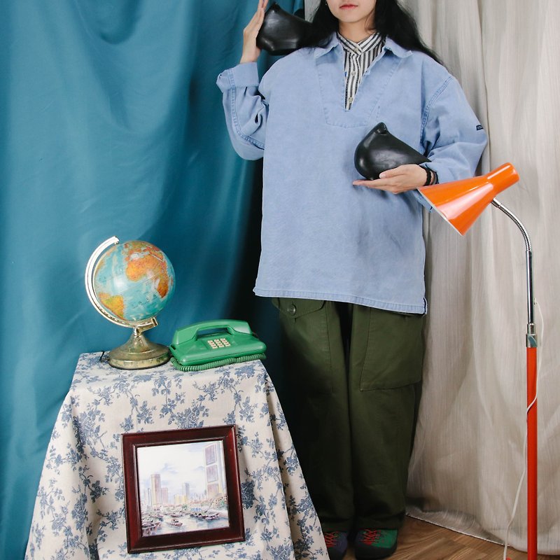 Fisherman tooling blouse 008 Light blue tooling vintage blouse【 Tsubasa.Y古着屋】 - เสื้อยืดผู้ชาย - ผ้าฝ้าย/ผ้าลินิน สีน้ำเงิน