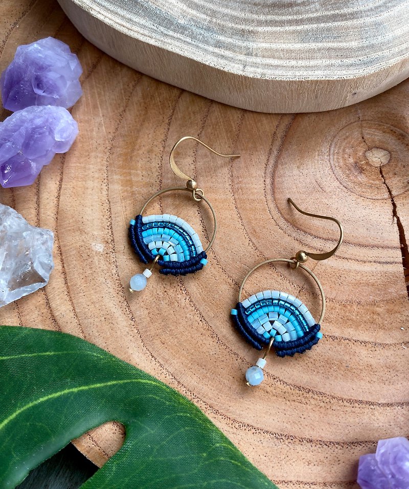 E021-Bohemian South American Wax Wire Woven Japanese Bead Morgan Stone Bead Earrings (Ear Hook / Ear Clip) - ต่างหู - วัสดุอื่นๆ สีน้ำเงิน
