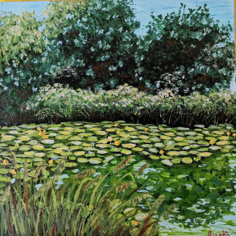 Summer Landscape Water Lily Original Art Unique Hand Painted by RinaArtSK - Wall Décor - Other Materials Green