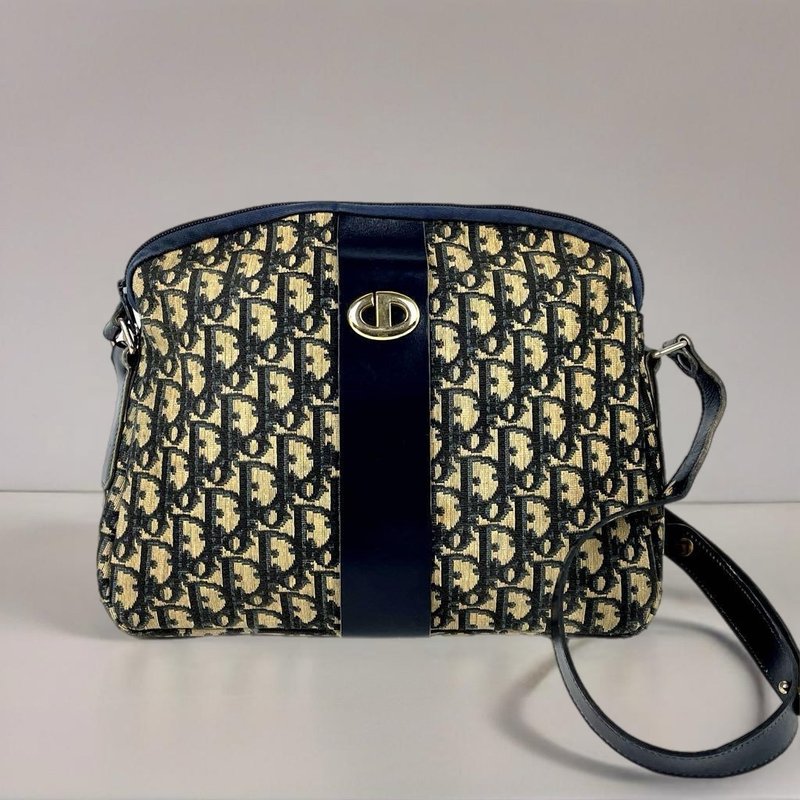 【LA LUNE】Second-hand Dior dark blue monogram one-shoulder side-carrying small camera bag handbag - Messenger Bags & Sling Bags - Genuine Leather Blue