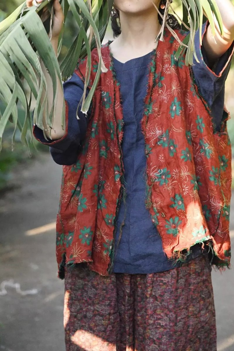 紅綠花 雙層亞麻寬鬆背心 女士復古坎肩 - 背心/無袖上衣 - 棉．麻 多色