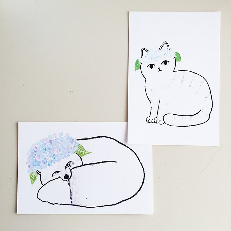 紫陽花キツネ＆紫陽花ネコのポストカードセット - 卡片/明信片 - 紙 白色