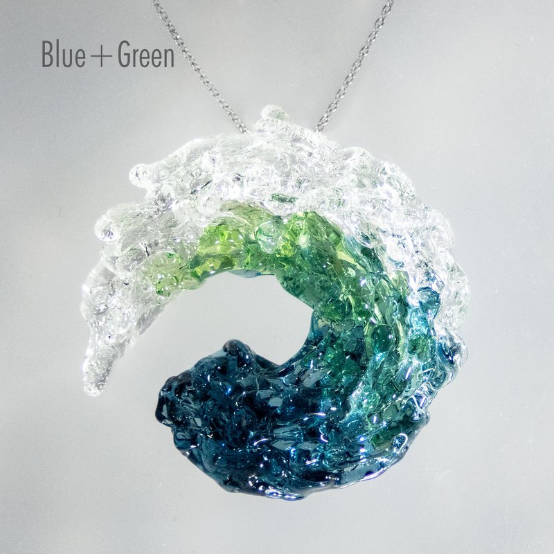 Ocean Wave Blown Glass Pendant - Necklaces - Glass Blue