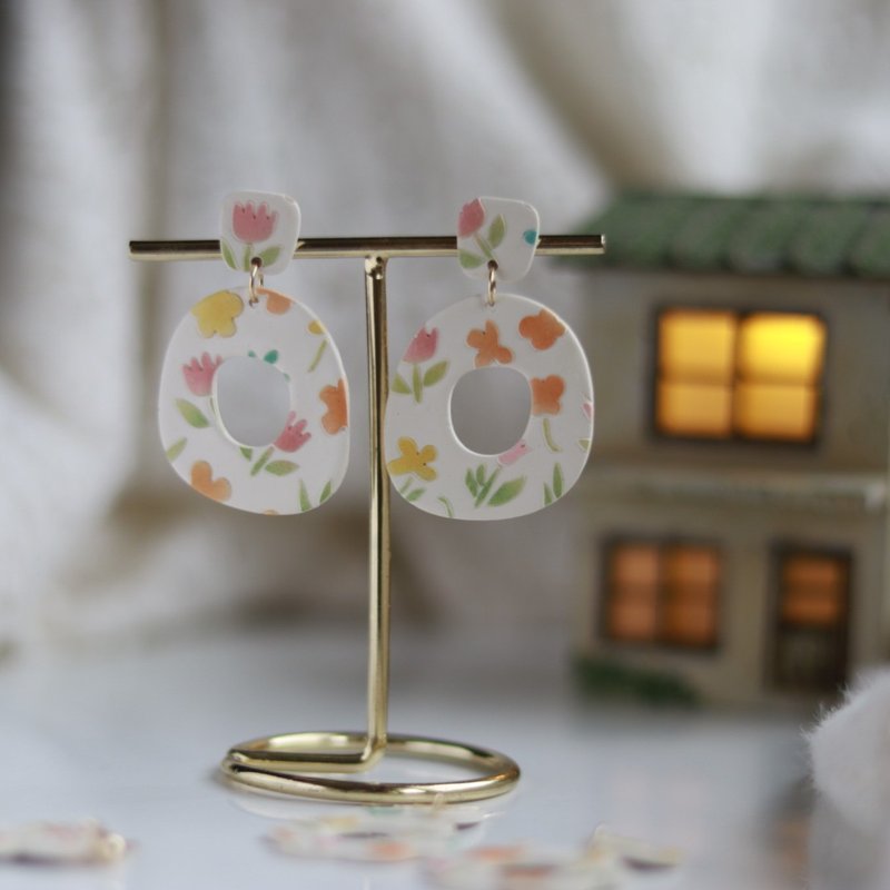 14k gold filled floral pattern handmade polymer clay earrings - ต่างหู - ดินเผา 