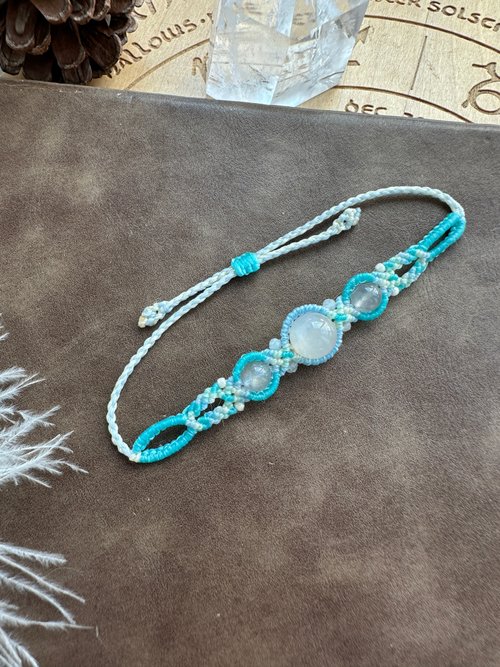 Misssheep Handmade BB31 民族風 蠟線編織 白月亮 拉長石 手環 (可調長度)