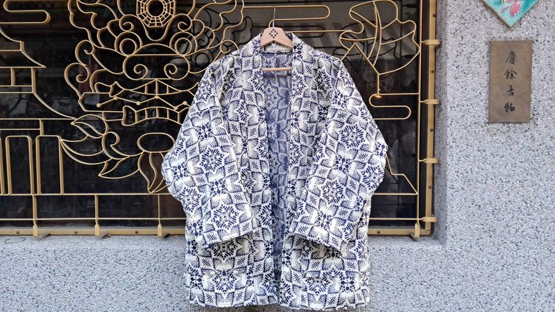 AMIN'S SHINY WORLD 萬花筒幾何針織粗提花 KIMONO  Reversible - 男夾克/外套 - 棉．麻 藍色