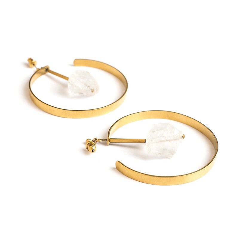 白水晶圓弧耳針 Clear quartz circle earrings - 耳環/耳夾 - 寶石 透明