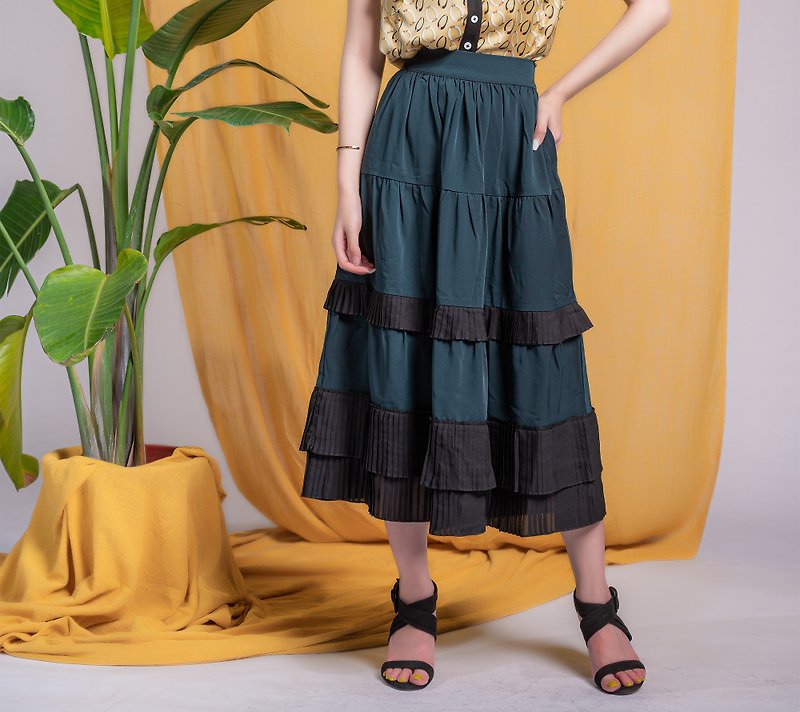 Tiered Maxi Skirt - กระโปรง - เส้นใยสังเคราะห์ สีเขียว