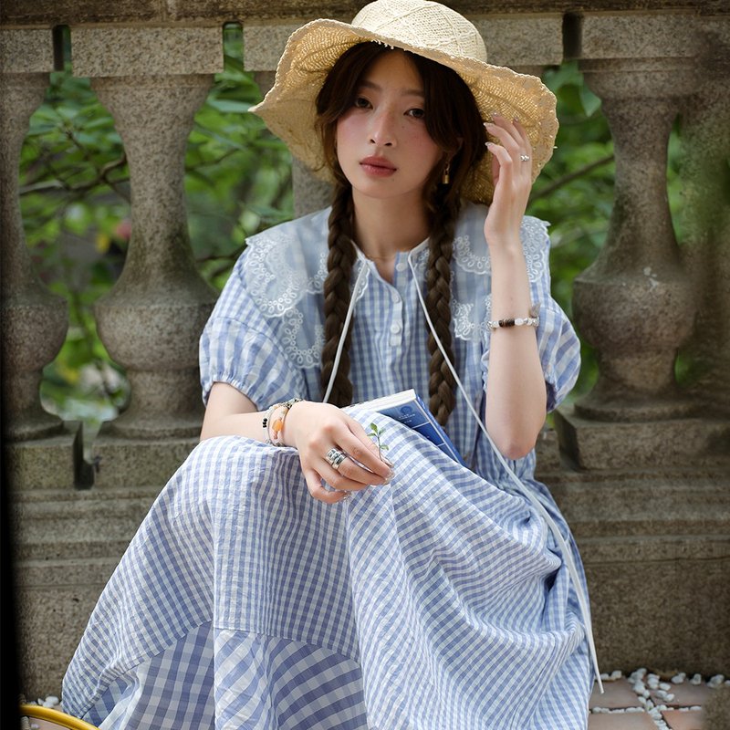 娃娃領格紋拼接洋裝|連衣裙|夏款|Sora-1232 - 洋裝/連身裙 - 聚酯纖維 藍色