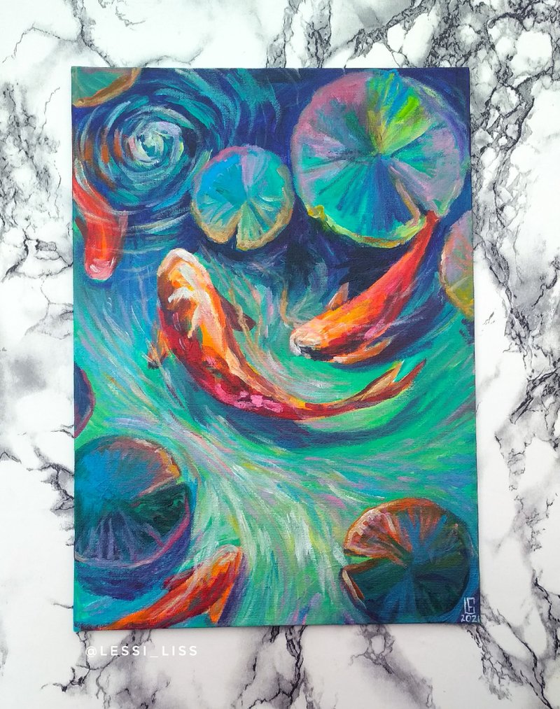 锦鲤鱼在水中红鲤鱼原画在画布上象征好运 - 壁貼/牆壁裝飾 - 壓克力 紅色