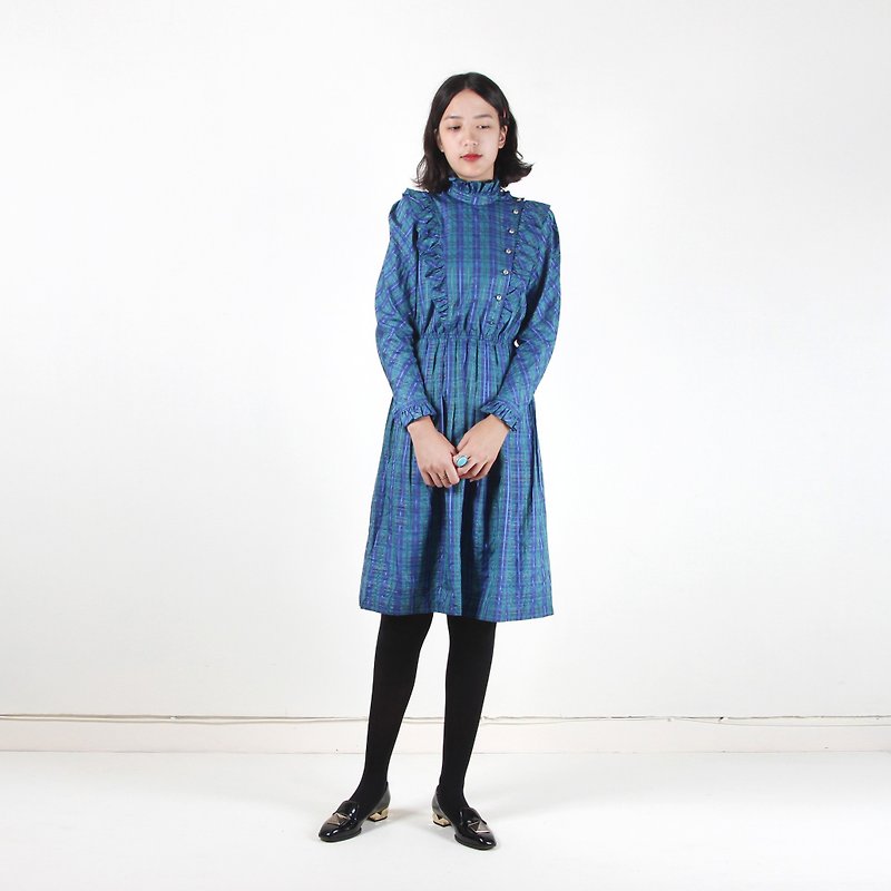 [Ancient] egg plant water Yang noble plaid printed long-sleeved vintage dress - One Piece Dresses - Polyester Blue